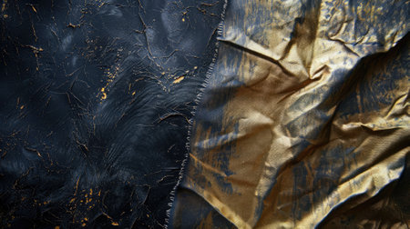 Crumpled gold foil on cracked dark blue textureの素材