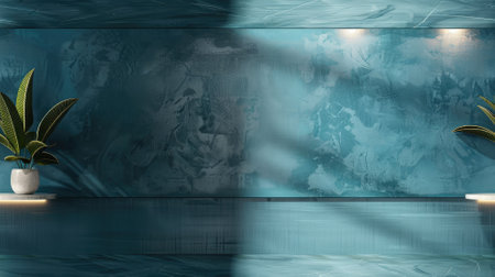 Abstract blue textured wall with plants and shelf lightingの素材