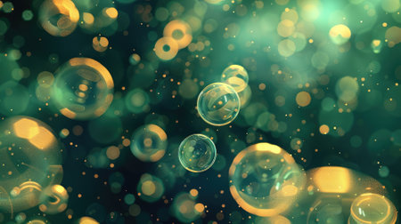 Abstract background with glowing particles and bubbles in shades of greenの素材