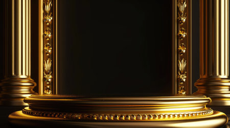 Luxurious black and gold stage with ornate pillars detailsの素材