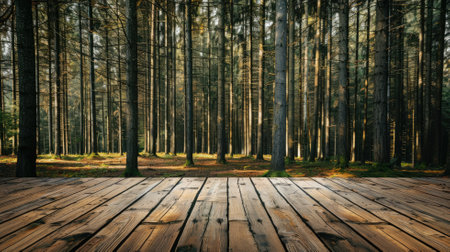Wooden deck leading into dense forest with sunlight filtering through treesの素材