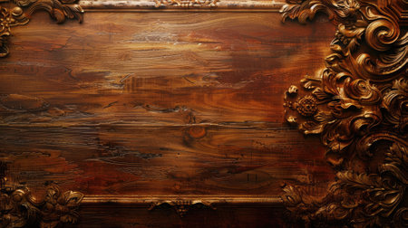 Vintage ornate wooden frame on textured wood backgroundの素材