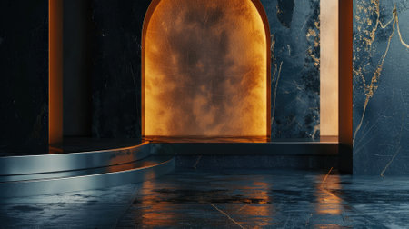 Luxurious interior space with blue and gold tones, featuring marble textures archwayの素材