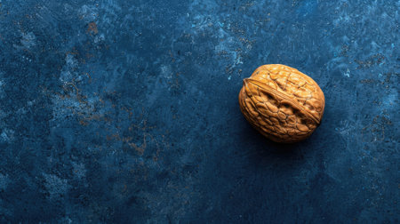 Single walnut sits at center of textured blue backgroundの素材