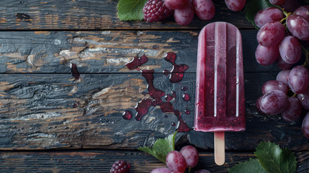 Popsicle melting on dark wooden surface with grapesの素材