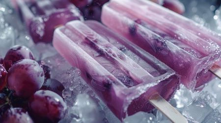 Purple popsicles with berries on ice, suggesting cool, refreshing dessertの素材