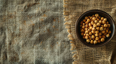 Wooden bowl full of pistachios on burlap and rustic surfaceの素材