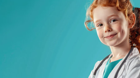 Smiling child with red hair wearing lab coat against blue backgroundの素材