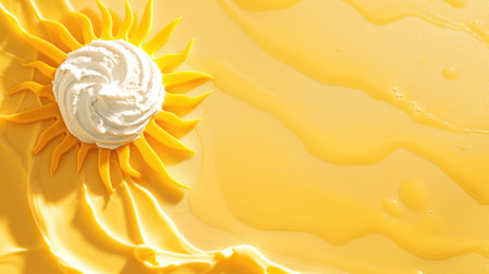 Whipped cream dollop on sunflower design in yellow creamy backgroundの素材