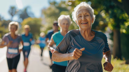 Elderly woman smiling while participating in running event with other seniors parkの素材