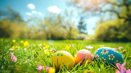Colorful Easter eggs hidden in grass against sunny spring backdropの素材