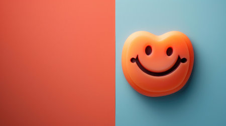 Orange smiling face toy on blue and orange backgroundの素材