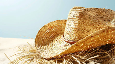 Straw hat on sandy surface against blue background, suggesting beach sceneの素材