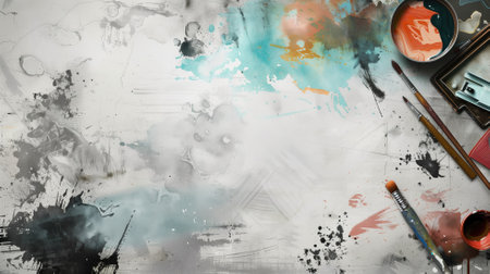 Artistic workspace with paint splatters and painting toolsの素材