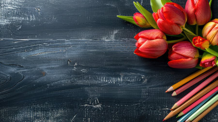 Red tulips with colored pencils on dark wooden backgroundの素材