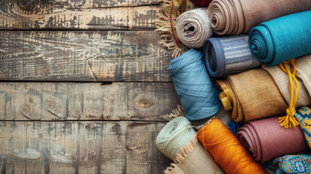 Colorful fabric rolls on rustic wooden backgroundの素材
