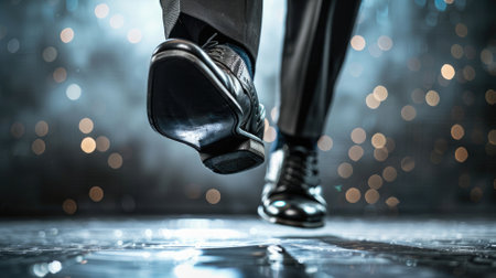Close-up of person's shiny black shoes walking on wet surface with blurred lightsの素材