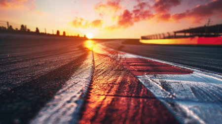 Sunset on racetrack with bright skies and urban skylineの素材