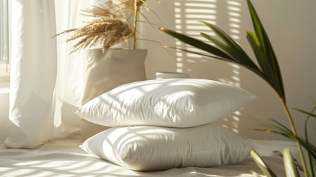 White pillows stacked on sunny, cozy bedroom floor with plants and curtainsの素材