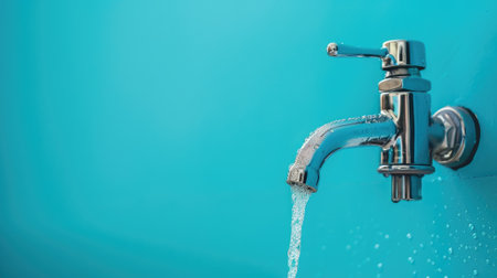 Water flowing from metal tap against blue backgroundの素材