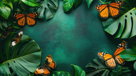 Orange butterflies on green leafy background with copy spaceの素材