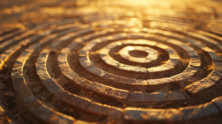 Close-up of circular brick pattern bathed in golden sunlightの素材