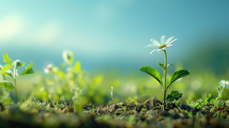 Single white daisy blooms in tranquil field under soft blue skyの素材