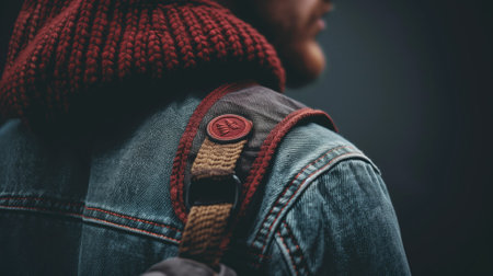 Person in denim jacket and red beanie carrying backpack over shoulder, side viewの素材