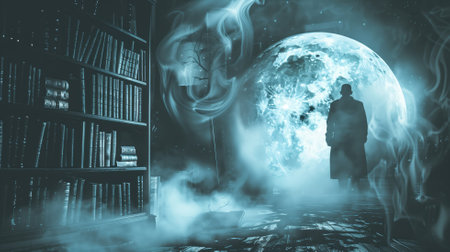 Silhouetted person in library with mystical glowing orb and smokeの素材