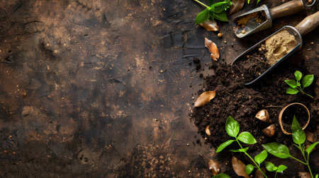 Gardening tools and young plants on fertile soilの素材