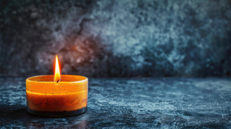 Single lit candle with vibrant flame on textured dark backgroundの素材