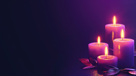 Several lit candles with purple hue on dark background, conveying sense of calm and serenityの素材
