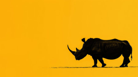 Silhouette of rhinoceros against vibrant yellow backgroundの素材