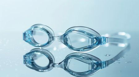 Swimming goggles with anti-fog coating on reflective wet surface against blue backgroundの素材