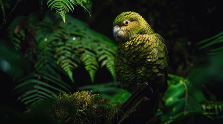 Green parrot with yellow eyes perched in lush forestの素材