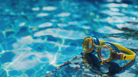 Swimming goggles resting on edge of pool with clear blue waterの素材