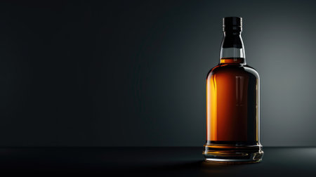 Sealed bottle of amber-colored liquid on dark background with copy spaceの素材