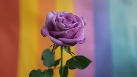 Purple rose against rainbow background, sharp focus on flower, vibrant colorsの素材