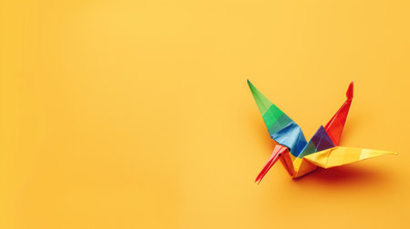 Colorful paper crane on bright yellow backgroundの素材