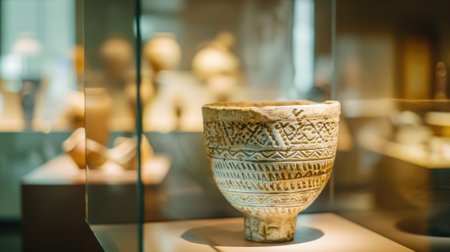 Ancient patterned pottery displayed in glass case under focused lighting museum settingの素材