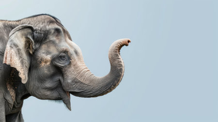 Profile of elephant with its trunk raised against clear skyの素材