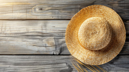 Straw hat on wooden planks, sunlit texture detailの素材