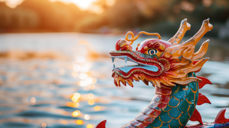 Ornate dragon head on prow of boat with sunset over water backgroundの素材