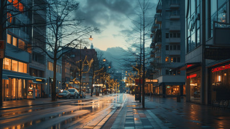 Evening cityscape with illuminated streets and wet surfaces after rainの素材