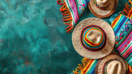 Mexican sombreros and colorful textile on textured teal backgroundの素材