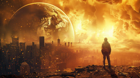 Person observing dystopian cityscape under large, ominous planetの素材