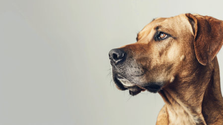 Profile of focused brown dog with short coat against gray backgroundの素材