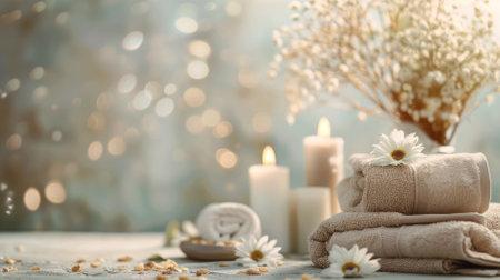 Spa setting with candles, towels, daisies, and serene atmosphereの素材