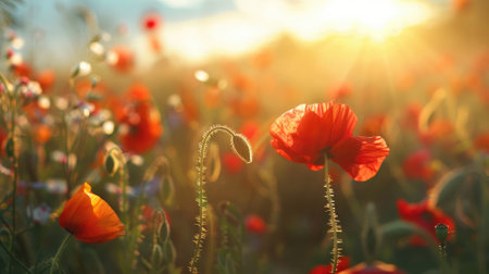 Poppies glowing in golden sunrise light fieldの素材