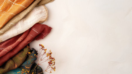 Assorted colorful fabrics stacked with delicate flowers on white backgroundの素材